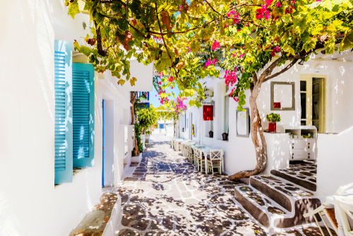 Beautiful view of a street in a village on the Island of Paros, Cyclades Islands, Greece