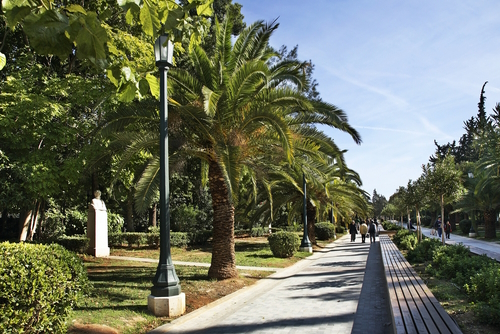 View of a pathway at Pedion Areos which is one of the largest public parks Athens, Attica, Greece