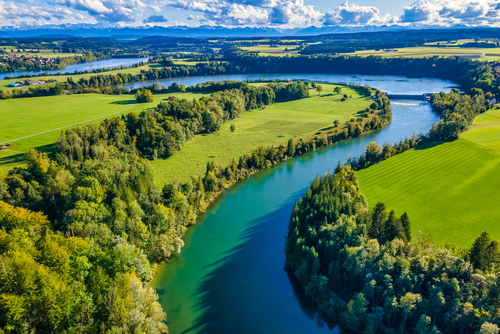 Loop of the Lech river with luscious greenary around, near Epfach, Pfaffenwinkel region, Bavaria, Germany