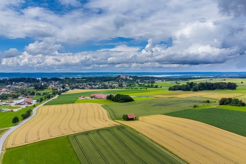 Aerial view of fields and meadows near Andechs, Pfaffenwinkel region, Bavaria, Germany
