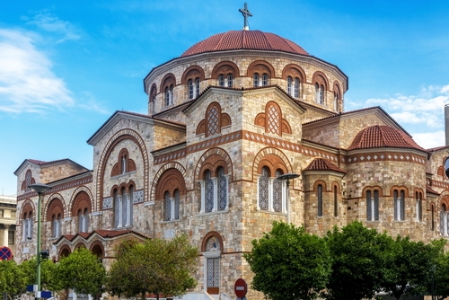 Exterior view of the church of Ieros Naos Agia Triada in Piraeus, near Athens, Attica, Greece, a monument of Greek Orthodox religion in Byzantine style