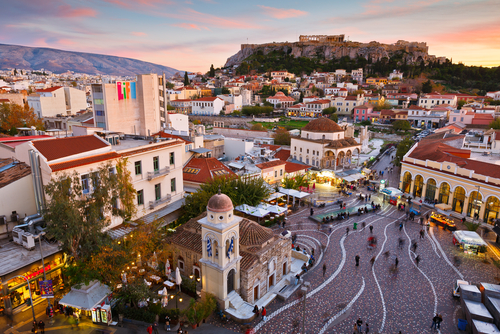 View of the Acropolis from a roof-top coffee shop in Monastiraki square, Athens, Attica, Greece