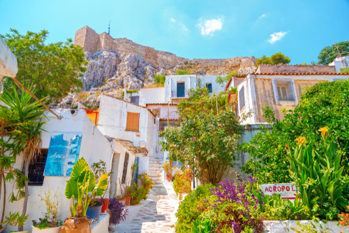 Architectural details from the narrow streets of Anafiotika, a traditional neighborhood in the Plaka district on the slopes of the Acropolis, Athens, Attica, Greece