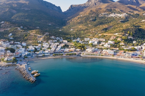 View of the town of Plakias and its harbor on the South coast of Rethymno, Island of Crete, Greece