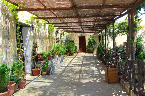 Interior view of the yard of the Preveli Monastery near Rethymno, Island of Crete, Greece