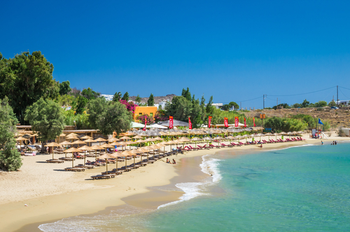 View of the famous beach of Punda and its facilities located on Paros Island, Cyclades Islands, Greece