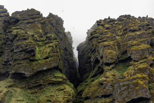 Closeup of Raudfeldsgja Gorge on a foggy day, Snaefellsnes Peninsula, Iceland