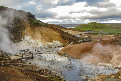 Stunning landscape of steaming ground in Krýsuvík, Seltun in good sunny day with blue sky, Reykjanes Peninsula, Global Geopark, Geothermal active area on southwest of Iceland