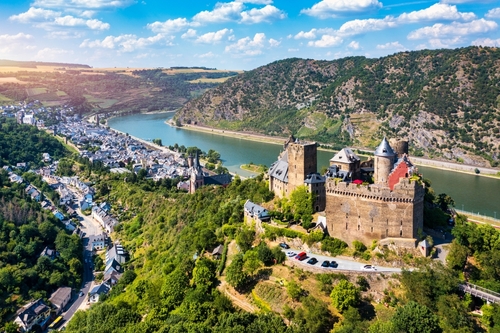 The Schönburg (Schoenburg) is a castle above the medieval town of Oberwesel in the UNESCO World Heritage site of the Upper Middle Rhine Valley, Rhineland-Palatinate, Germany