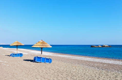 View of Kiotari beach and its facilities, part of the Rhodes' Acropolis beaches on the Island of Rhodes, Greece