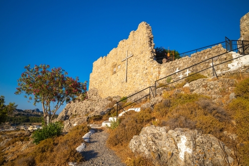 Ruins of the castle of St. John in the town of Archangelos, Island of Rhodes, Greece