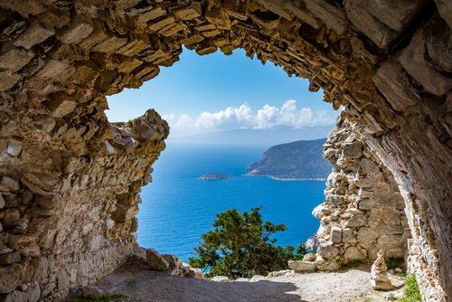 Amazing view from the ruins of a church in Monolithos castle, Rhodes Island, Greece