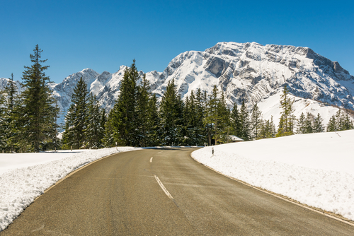 View of the Rossfeld Panoramastrasse in the Alps of Bavaria, Germany during Winter