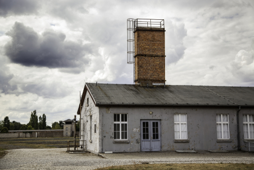Guard tower in Gedenkstätte und Museum Sachsenhausen (Memorial and Museum Sachsenhausen), was a Nazi concentration camp in Oranienburg near Berlin, Germany
