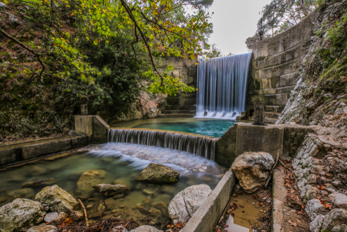 Beautiful view of the Waterfall in Epta piges park at Rhodes island, Greece