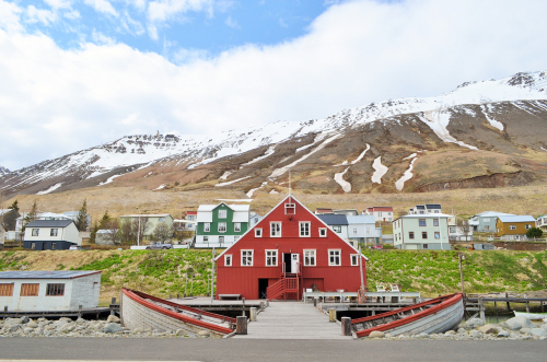 Red house, rustic, wood, fishing village, near Herring Era Museum in Siglufjörður, Iceland