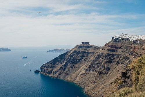 View of Skaros rock and Imerovigli village on the Island of Santorini, Cyclades Islands, Greece