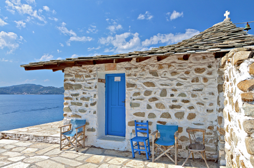 View of Agios Floros chapel on the small island of Tsougria located near the Island of Skiathos, Sporades Islands, Greece