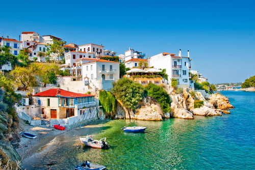 View of the old harbor in Skiathos Town on the Island of Skiathos, Sporades Islands, Greece