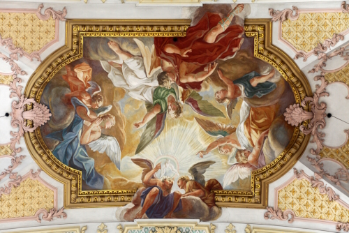 Interior view of a fresco on the ceiling of St. Peter's Church (Peterskirche), Munich, Bavaria, Germany