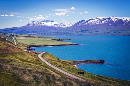 Aerial view of Pollurinn bay from a road near Svalbardseyri village in north Iceland