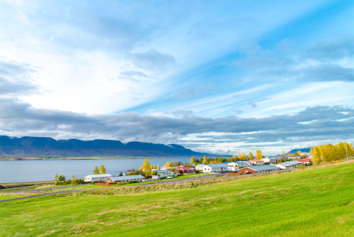 Beautiful rural view traditional house small village in Svalbardseyri near Akureyri, north Iceland