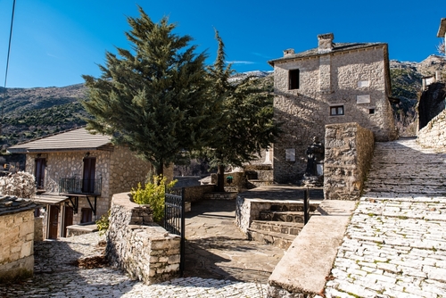 Syrrako village on a beautiful day, at Tzoumerka mountains, Ioannina, Epirus, Greece