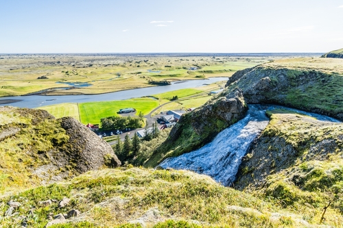 View from above of Systrafoss, waterfall near the town of Kirkjubæjarklaustur, Iceland