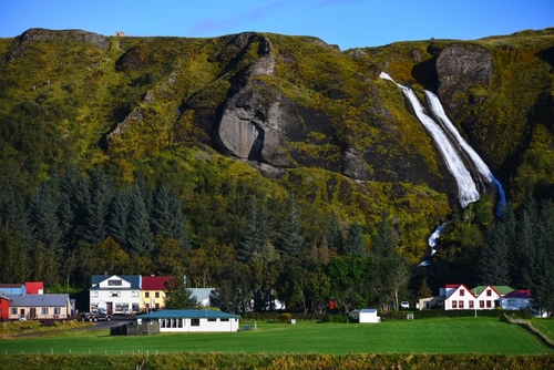 The small village of Kirkjubaejarklaustur and Systrafoss waterfall, South Iceland