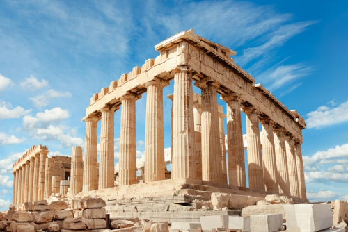 View of the Parthenon temple on a bright day. Acropolis in Athens, Greece