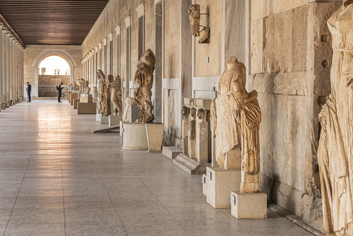 Interior view of Stoa of Attalos in Agora of Athens, Greece. Stoa of Attalos (or Attalus) built around 150 BC, by Attalos II - King of Pergamos as a donation to Athens