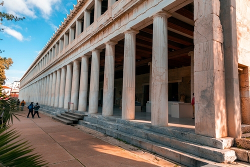 The Stoa of Attalos is a covered portico in the Agora of Athens. Reconstructed in 1956 and houses the Museum of the Ancient Agora, Athens, Greece