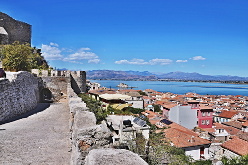 Amazing view of Nafplio from Akronafplia or Acronauplia, inner castle. Akronafplia fortress is the oldest part of the city of Nafplio, the Peloponnese, Greece