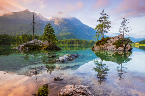 Berchtesgaden National Park, Germany. Lake Hintersee and the Bavarian Alps at sunrise