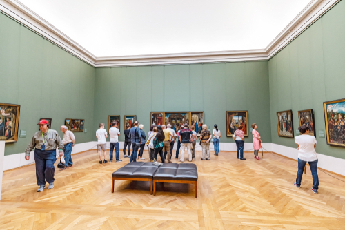 Visitors to the old Pinakothek in Munich admire the paintings of the great masters of antiquity, Bavaria, Germany