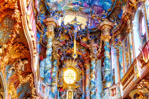 Interior decorations at the popular Asam Church (Asamkirche) in Munich, Bavaria, Germany