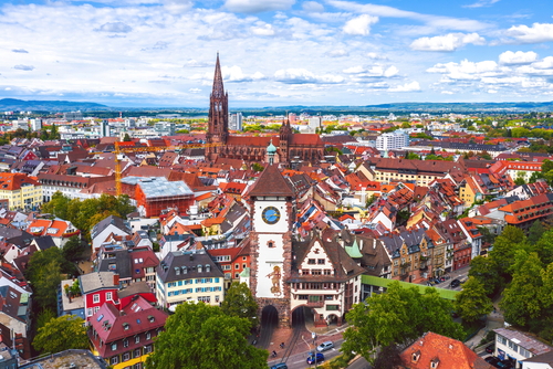 Summer skyline cityscape of Freiburg in Breisgau, the Black Forest, Baden-Wurttemberg, Germany