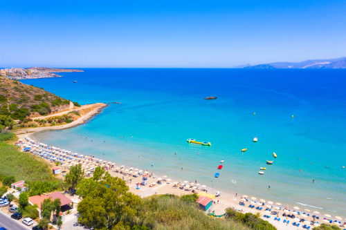 Famous sandy beach of Almyros and its facilities, the river near Agios Nikolaos, Lasithi, Island of Crete, Greece