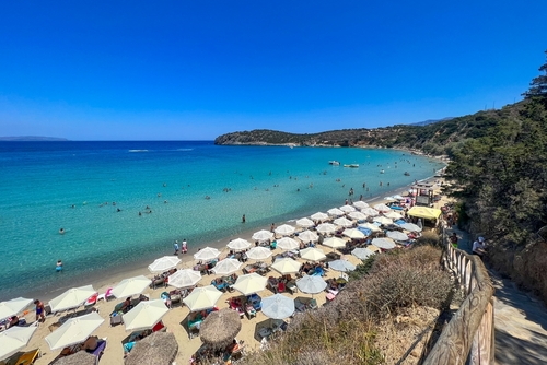 Stunning view of Voulisma Beach and its facilities, Agios Nikolaos, Lasithi, Island of Crete, Greece