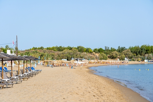 View of the Chrissi Akti Beach (Golden Beach) and its facilities near Chania town, Island of Crete, Greece