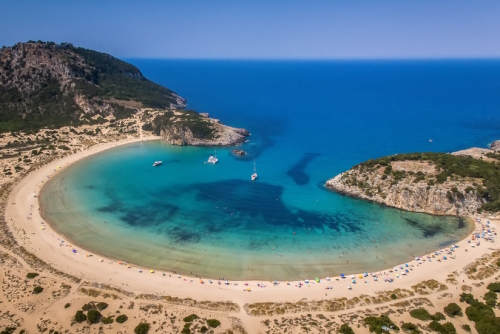 Aerial view of voidokilia beach, one of the best beaches in mediterranean Europe, near Pylos, Messinia, The Peloponnese, Greece