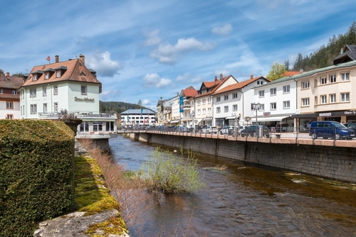 Urban life and architecture in the town and tourist resort of St. Blasien in Black forest region, Germany