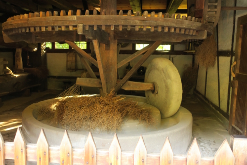 View of a mill in the Black Forest Open Air Museum in Gutach village in Baden-Wuerttemberg, Germany