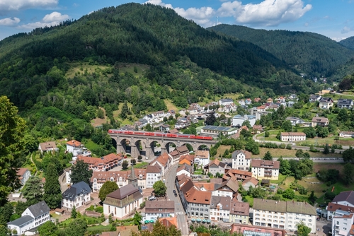 Aerial View of the Hornberg village with a train passing across, Neckar, Neckarzimmern, Neckar Valley, the Black Forest, Baden-Württemberg, Germany