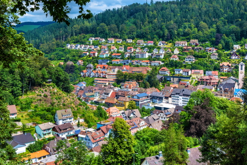 View of Triberg im Schwarzwald town, specializing in Cuckoo clocks, the Black Forest, Baden-Württemberg, Germany