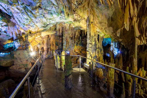 The magnificent and majestic caves of Diros in Mani region, Lakonia, Peloponnese, Greece. A spectacular sight of stalacites and stalagmites, located underground and one part can be viewed by boat