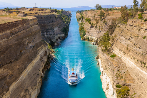 View of a ship passing through the Corinth Canal in the Peleponnese, Greece