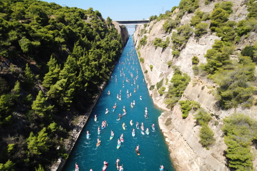 Aerial view of stand up paddle surfing or SUP competition in Corinth Canal of Isthmos or Isthmus, the Peloponnese, Greece