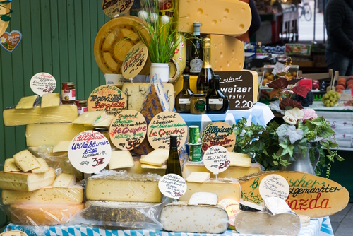 Cheese sold at the Viktualienmarket in Munich, Bavaria, Germany