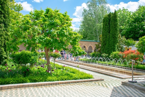 Scenic landscape at Oriental Garden in Garten der Welt Marzahn in Berlin, Germany